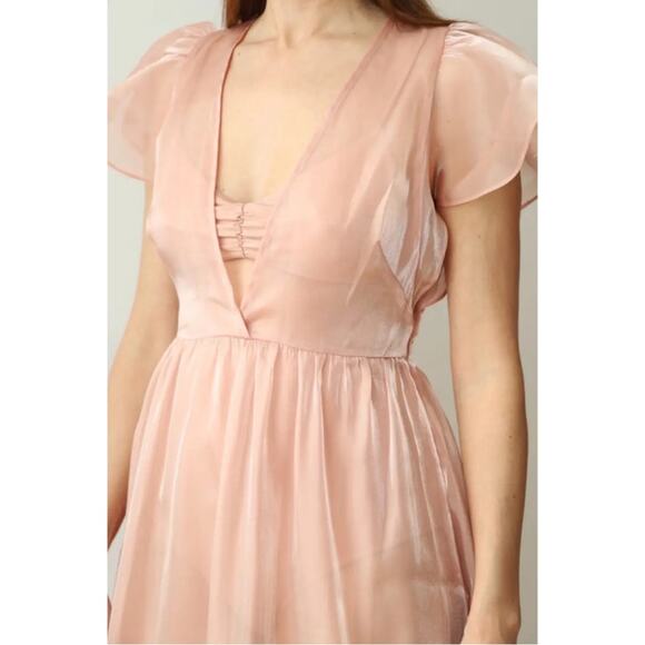 Reformation Glory Sheer Organza Tulle Deep V Ruffle Sleeve Pink Midi Dress Sz S - Picture 2 of 10